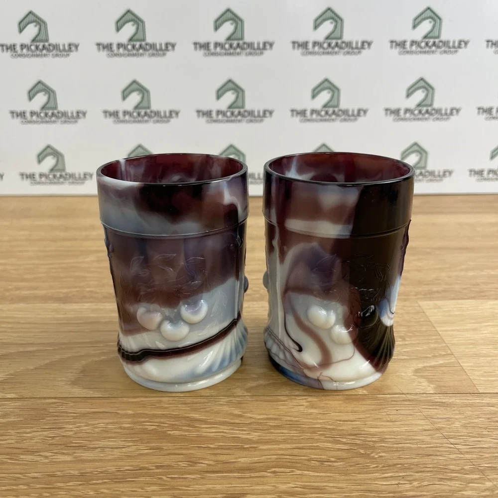 Imperial Glass Purple Slag Glass Morning Glory Tumblers Set of 2 Vintage IG Logo